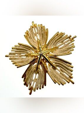 Vintage Kramer Gold Tone Starburst Brooch MCM Whitewashed Textured Pin Signed
